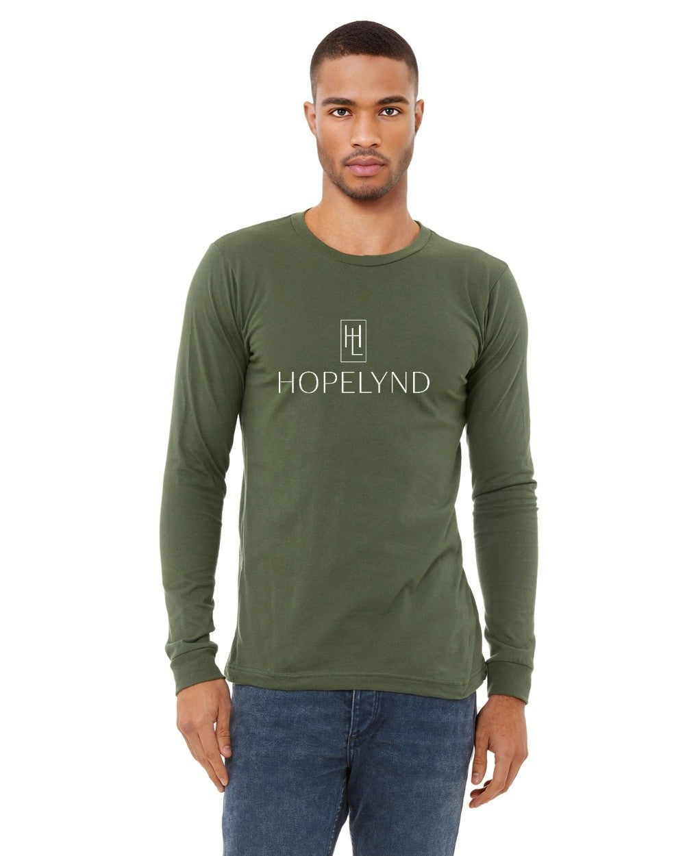 Military Green Hopelynd Logo Long Sleeve Tee with white logo