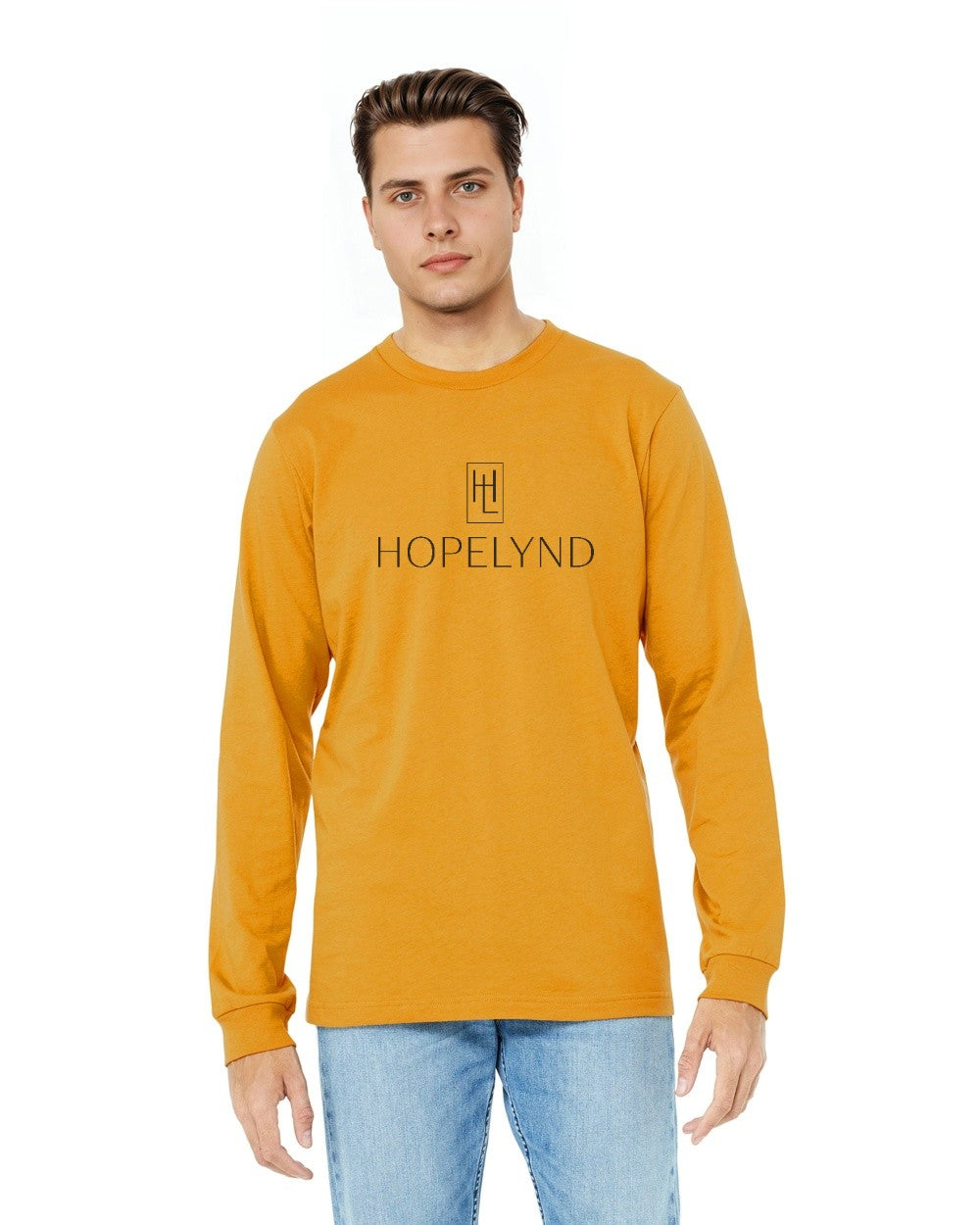 Mustard Hopelynd Logo Long Sleeve Tee with black logo