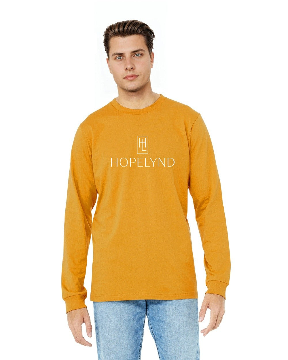 Mustard Hopelynd Logo Long Sleeve Tee with white logo