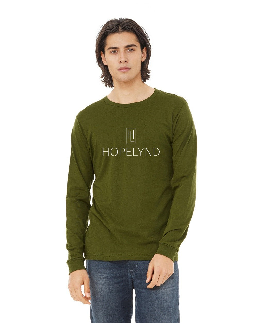 Olive Hopelynd Logo Long Sleeve Tee with white logo