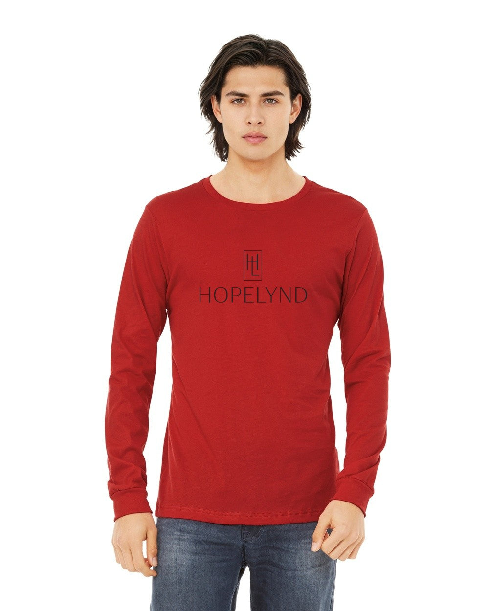 Red Hopelynd Logo Long Sleeve Tee with black logo